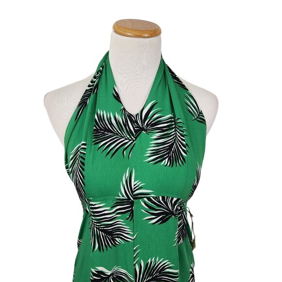 Jumper Women's Small Sleeveless Halter Tie Neck Wide Leg Green Tropical Print - Picture 5 of 9